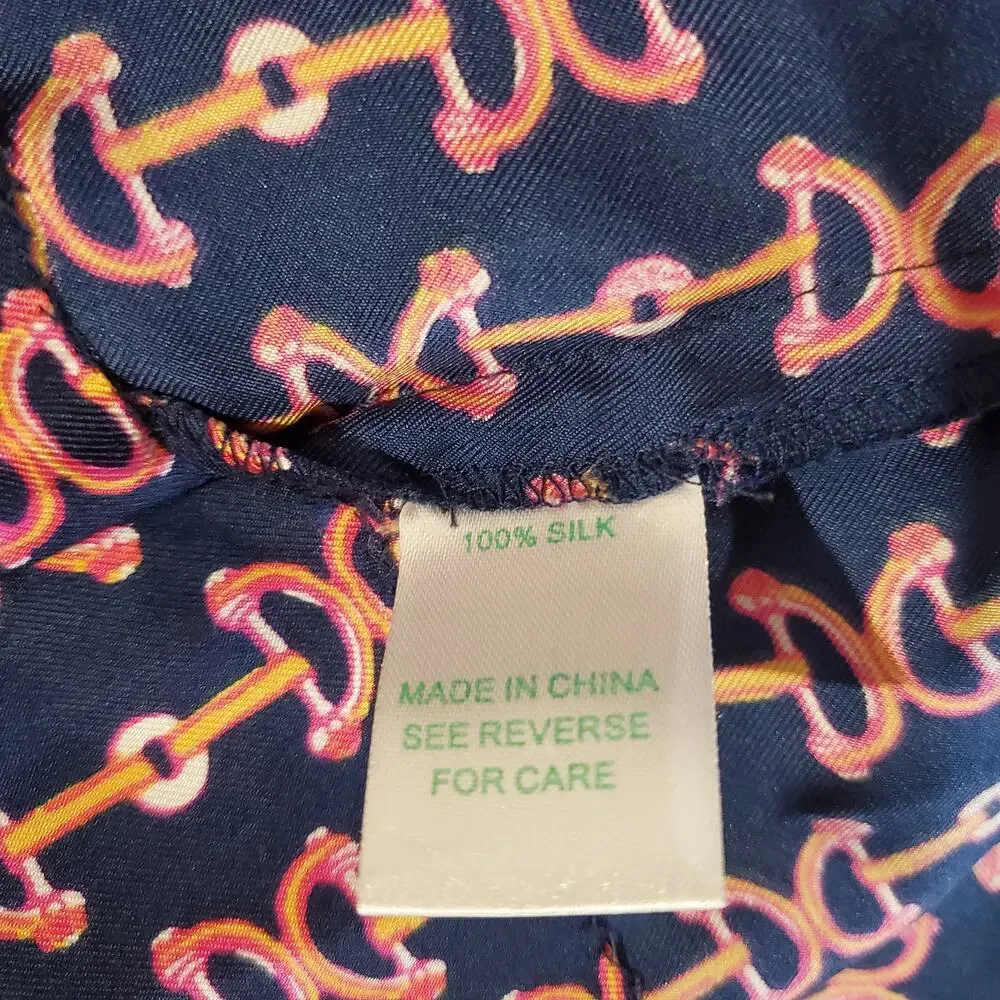Lilly Pulitzer Lil Bit Equestrian Print Silk Ruffle Blouse Sz 14 Blue Pink Horse